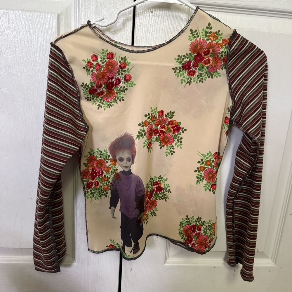 Graphic Red and Green Blouse with Cream Neckline